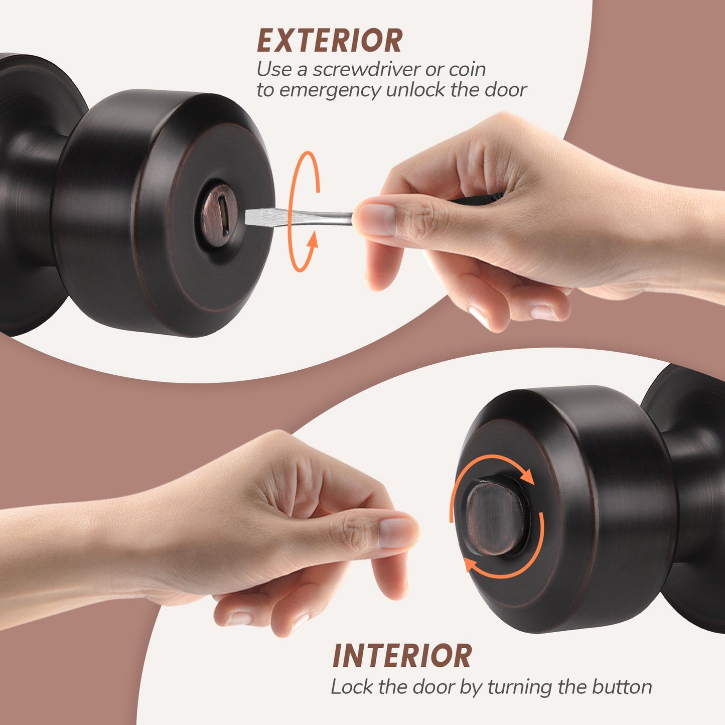 KNOBWELL Cylinder Ball Privacy Interior Door Knobs With Lock For Bedroom