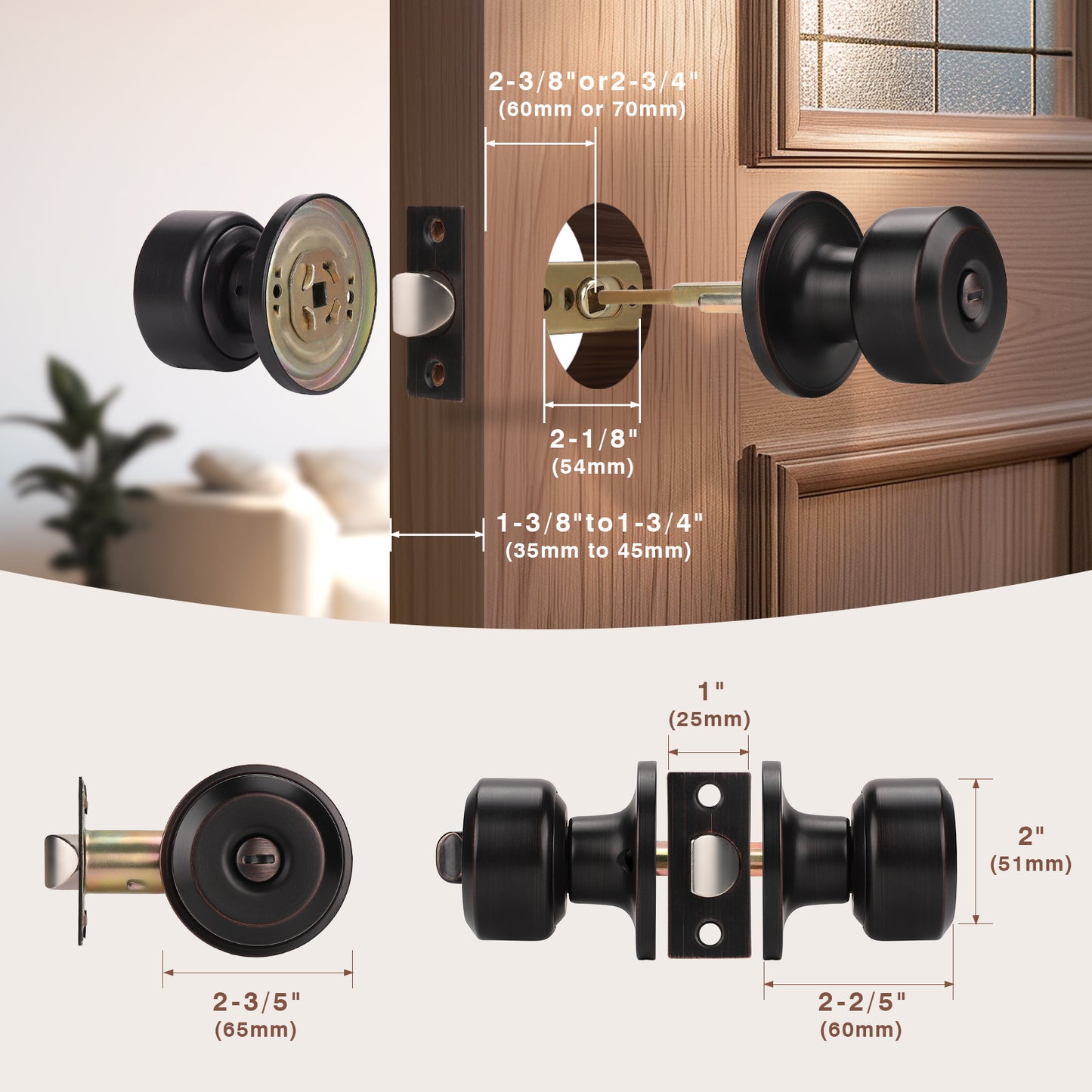 KNOBWELL Cylinder Ball Privacy Interior Door Knobs With Lock For Bedroom