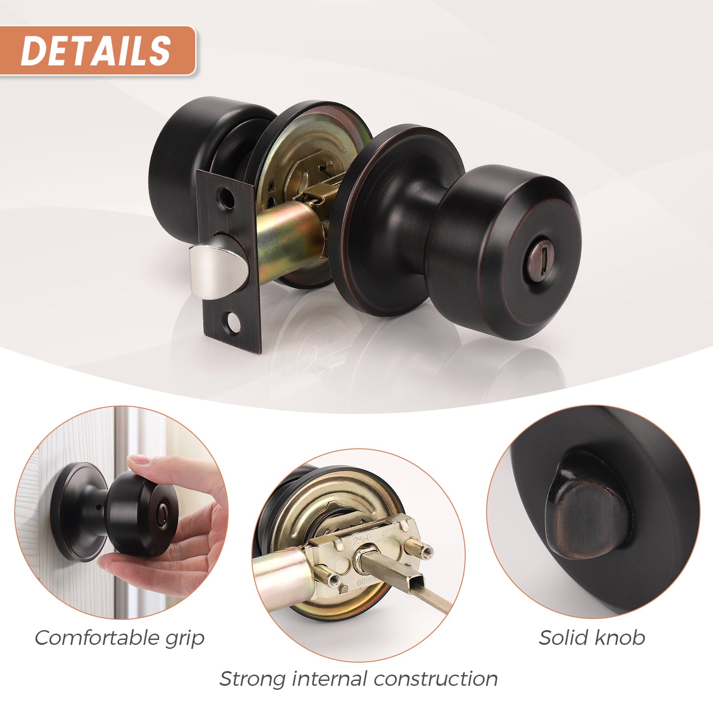 KNOBWELL Cylinder Ball Privacy Interior Door Knobs With Lock For Bedroom