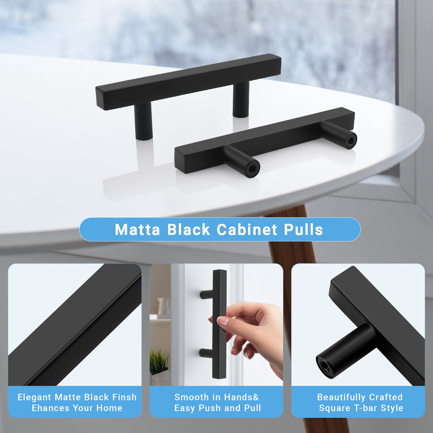 KNOBWELL Matte Black Stainless Steel Cabinet Handles for Bath/Bedroom-PDDJ16HBK