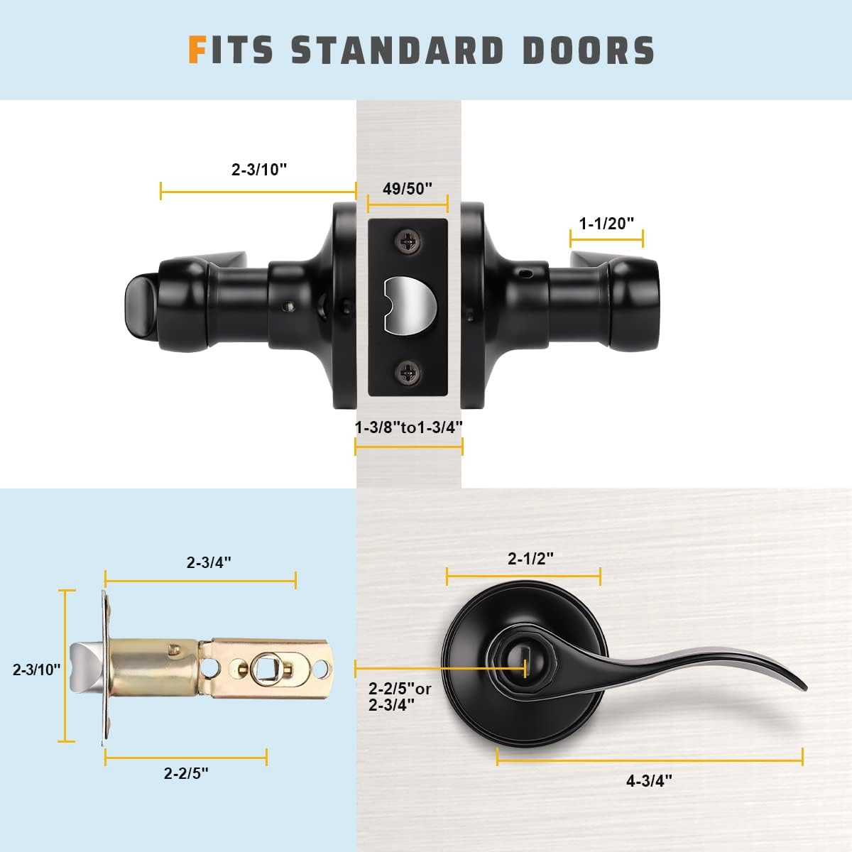 KNOBWELL 5 Pack Wave Style Keyless Privacy Door Lever Door Handle for bedroom and bathroom