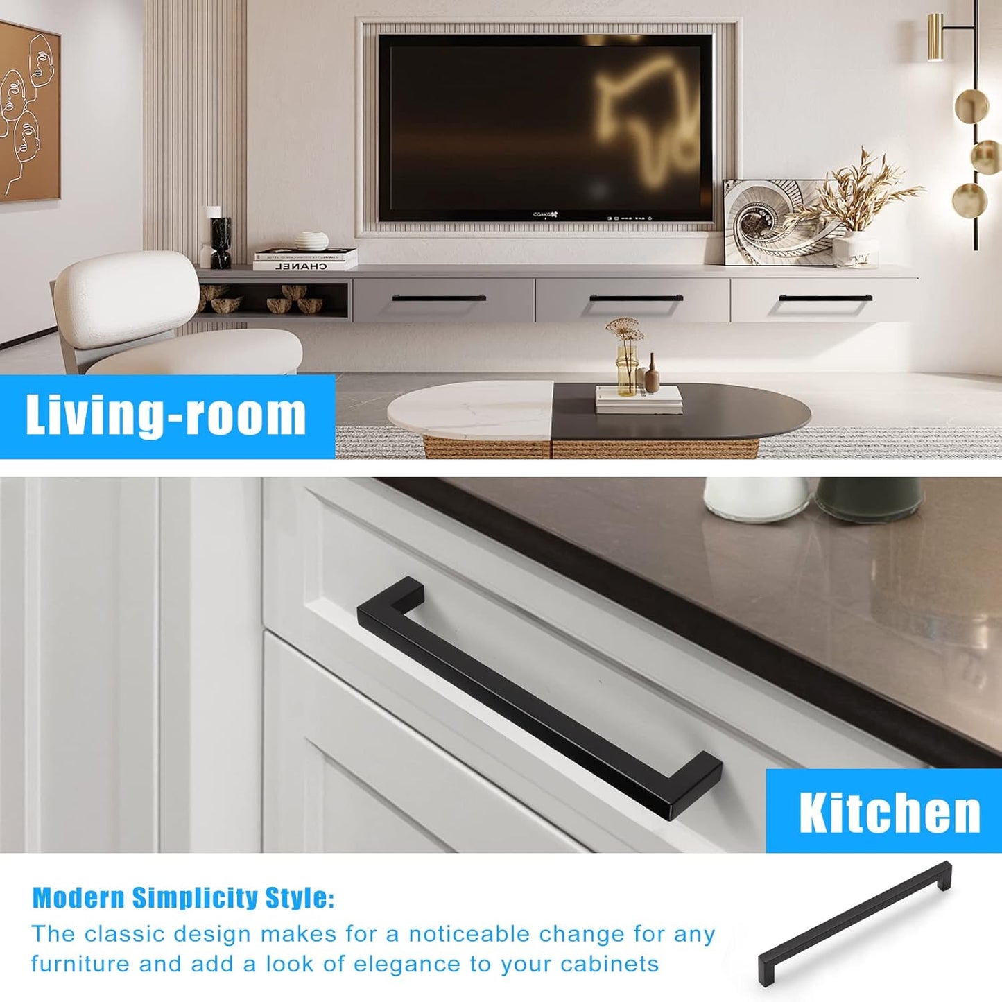 KNOBWELL Matte Black Square Cabinet Pulls Stainless Steel Modern Handles for Kitchen Cupboards/Drawers (2-1/2'' - 12-3/5'') - PDDJS12HBK