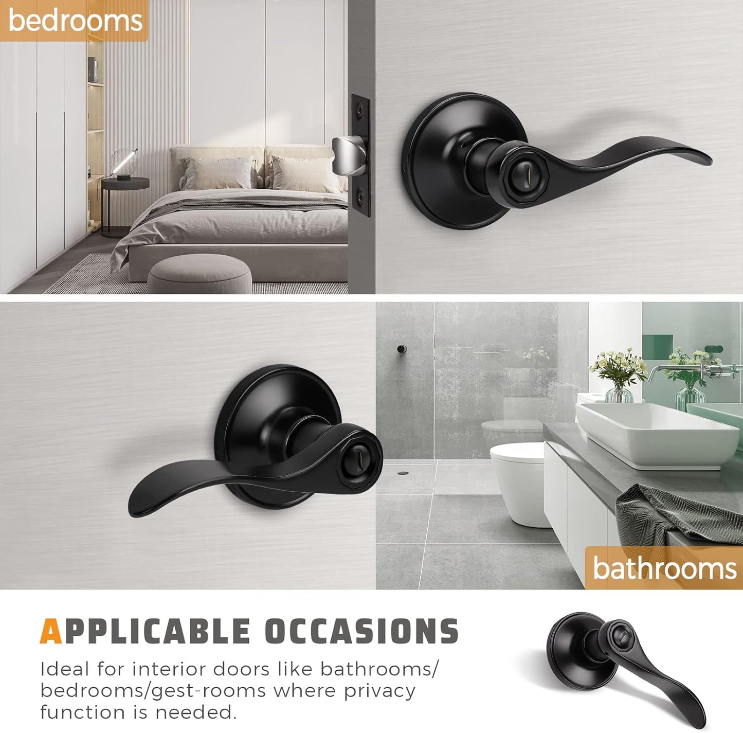 KNOBWELL 5 Pack Wave Style Keyless Privacy Door Lever Door Handle for bedroom and bathroom