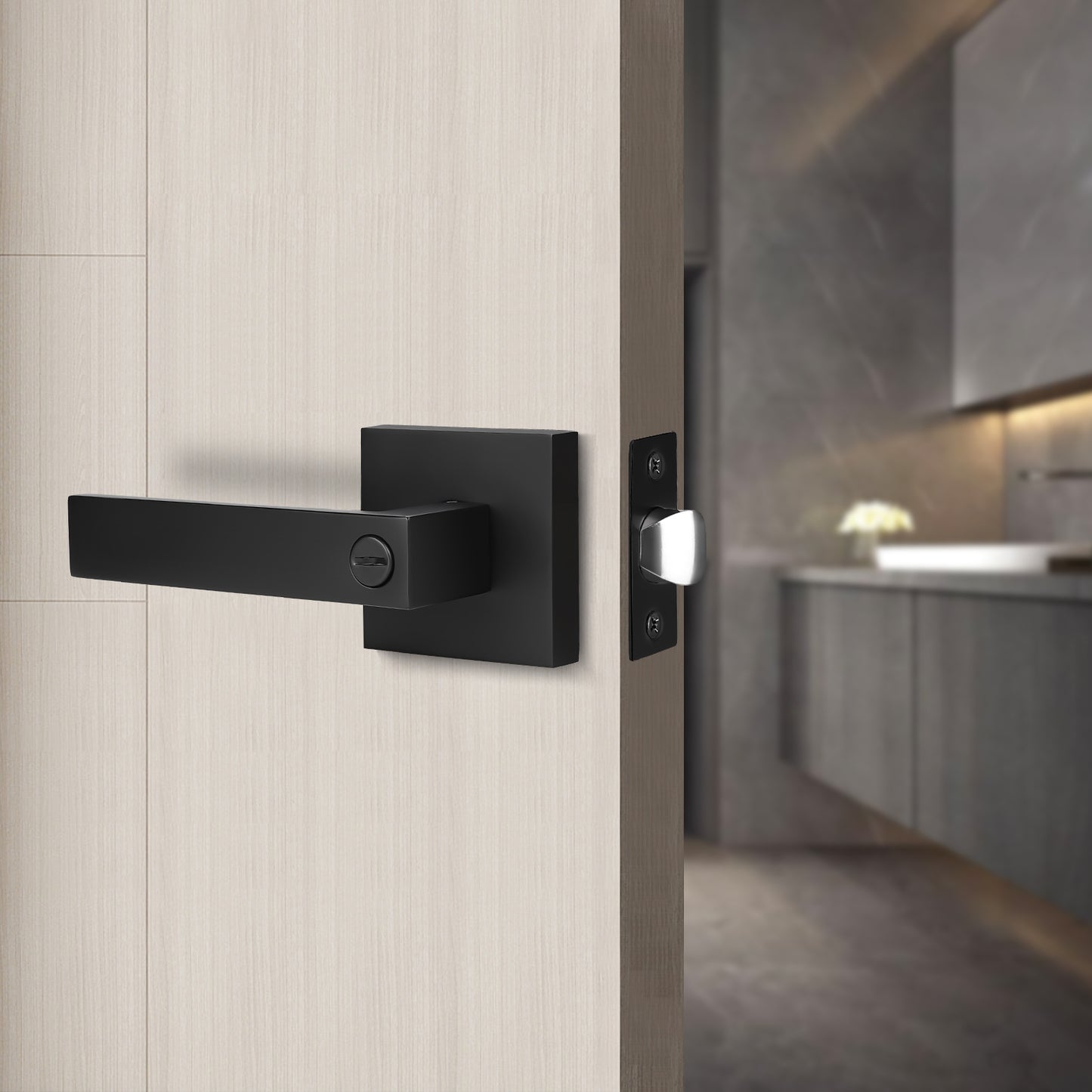 Craftsman Style Push Button Privacy Door Levers Modern Square Door Handle Knobs- DL01BK