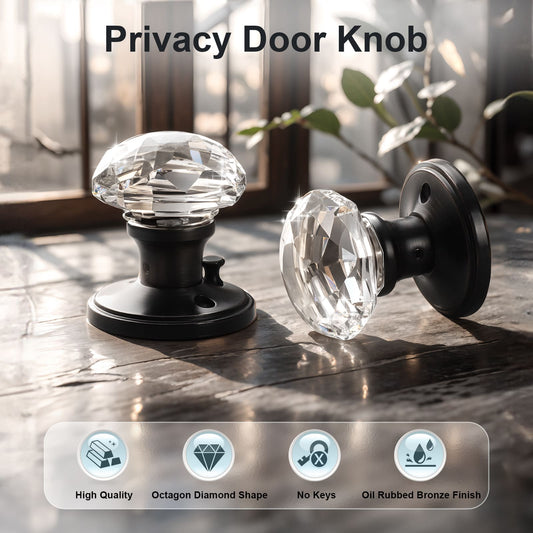 Knobwell Vintage Style Crystal Privacy Door Knobs With Lock For Bed/Bath-DLC3BK