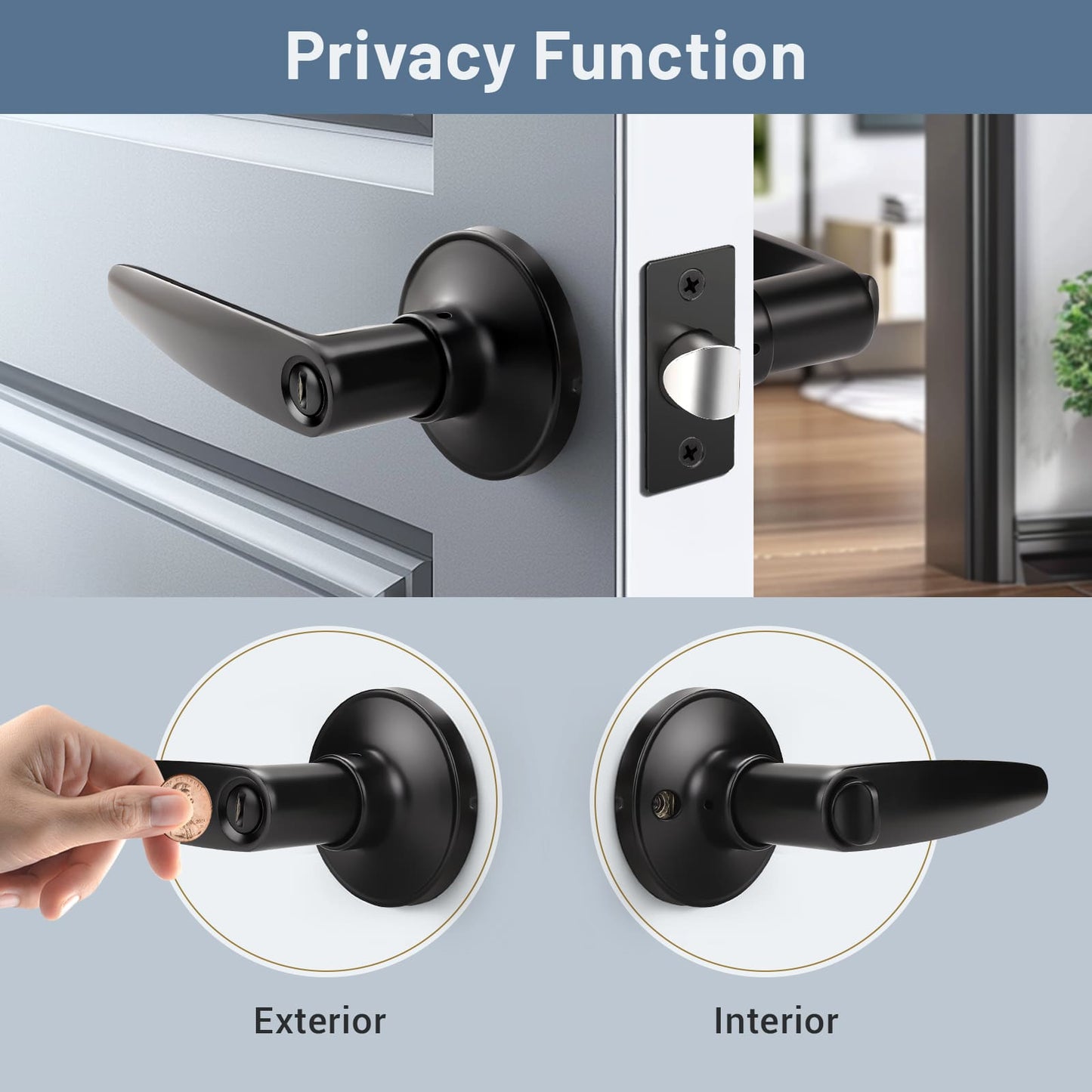 KNOBWELL Matte Black Minimalist Privacy Door Lever – Keyless Interior Lock for Bedrooms & Bathrooms- DL815BK