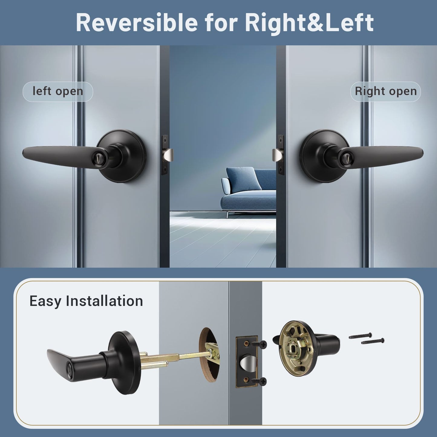 KNOBWELL Matte Black Minimalist Privacy Door Lever – Keyless Interior Lock for Bedrooms & Bathrooms- DL815BK