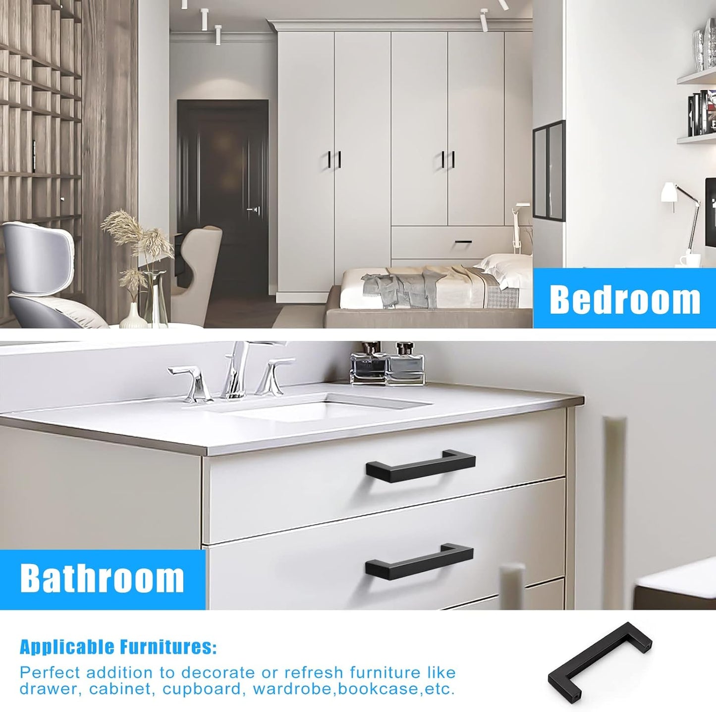 KNOBWELL Matte Black Square Cabinet Pulls Stainless Steel Modern Handles for Kitchen Cupboards/Drawers (2-1/2'' - 12-3/5'') - PDDJS12HBK