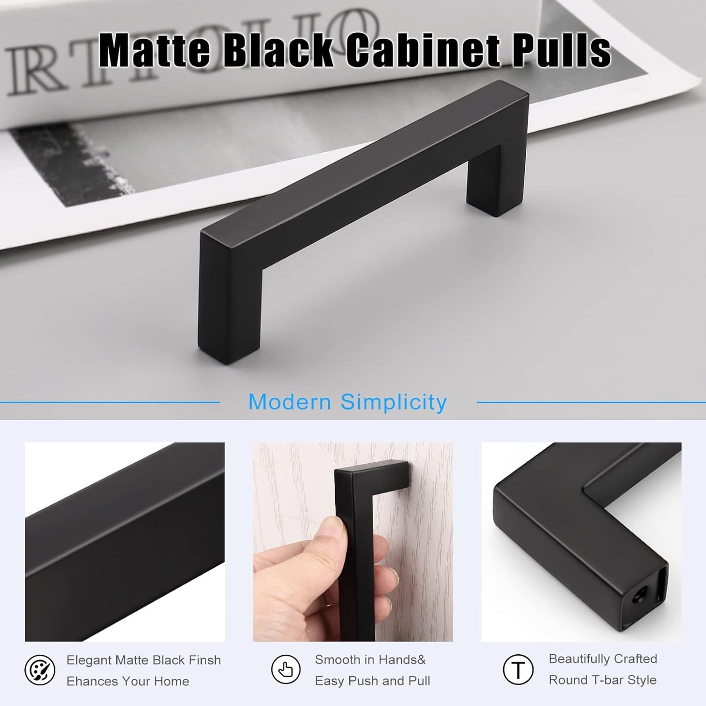 KNOBWELL Matte Black Square Cabinet Pulls Stainless Steel Modern Handles for Kitchen Cupboards/Drawers (2-1/2'' - 12-3/5'') - PDDJS12HBK