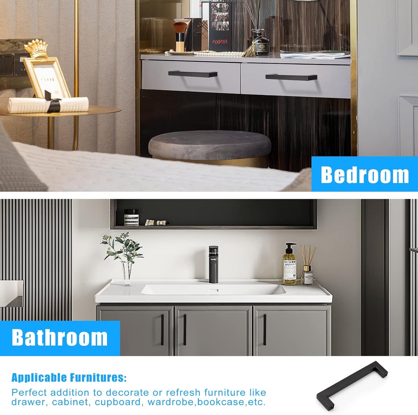 KNOBWELL Matte Black Square Cabinet Pulls Stainless Steel Modern Handles for Kitchen Cupboards/Drawers (2-1/2'' - 12-3/5'') - PDDJS12HBK