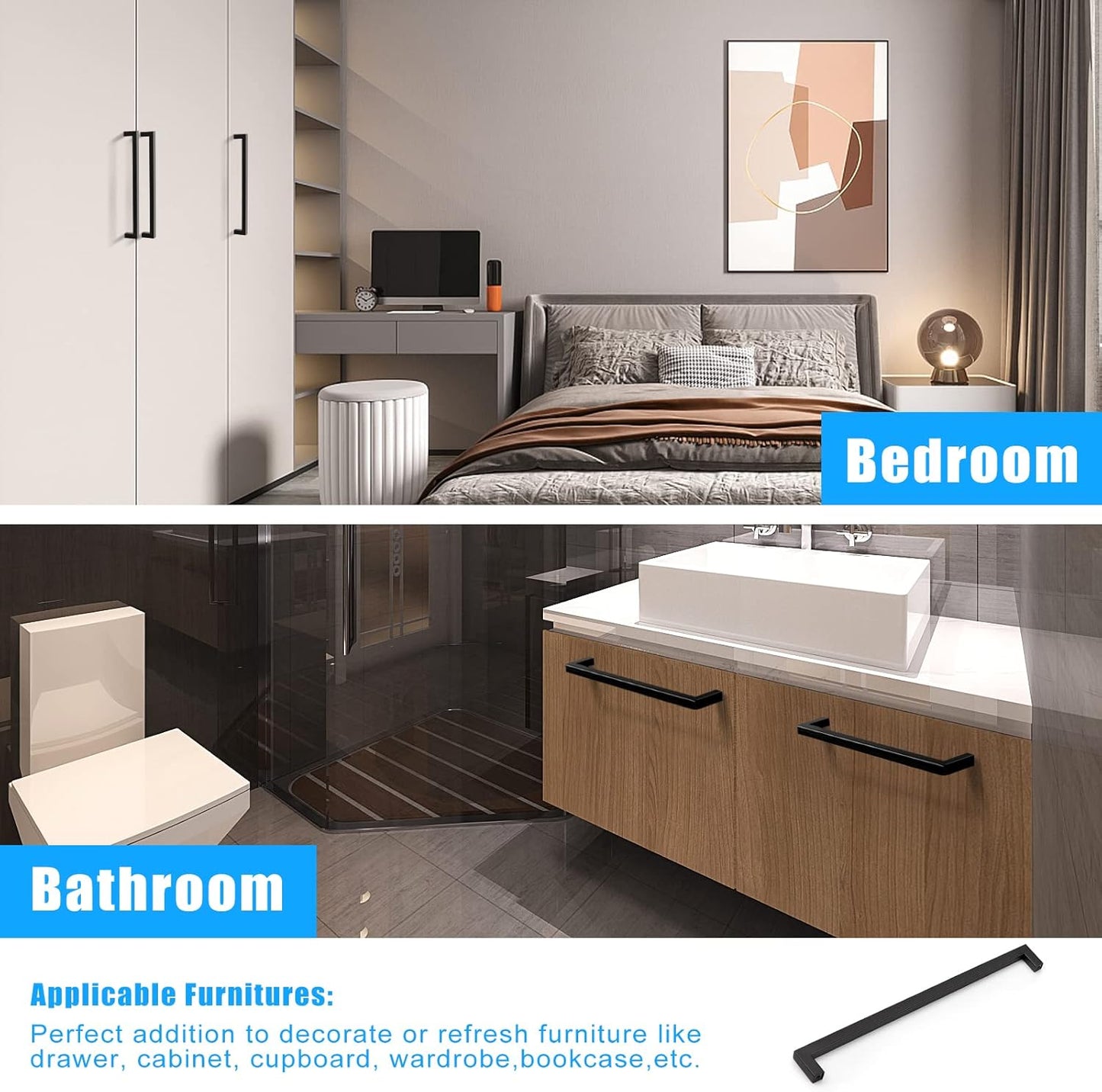 KNOBWELL Matte Black Square Cabinet Pulls Stainless Steel Modern Handles for Kitchen Cupboards/Drawers (2-1/2'' - 12-3/5'') - PDDJS12HBK