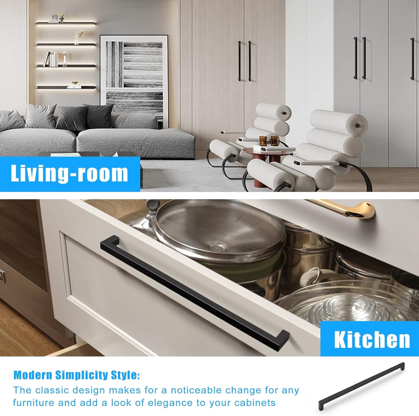KNOBWELL Matte Black Square Cabinet Pulls Stainless Steel Modern Handles for Kitchen Cupboards/Drawers (2-1/2'' - 12-3/5'') - PDDJS12HBK
