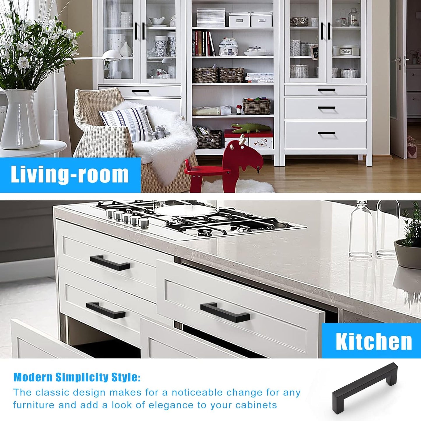 KNOBWELL Matte Black Square Cabinet Pulls Stainless Steel Modern Handles for Kitchen Cupboards/Drawers (2-1/2'' - 12-3/5'') - PDDJS12HBK