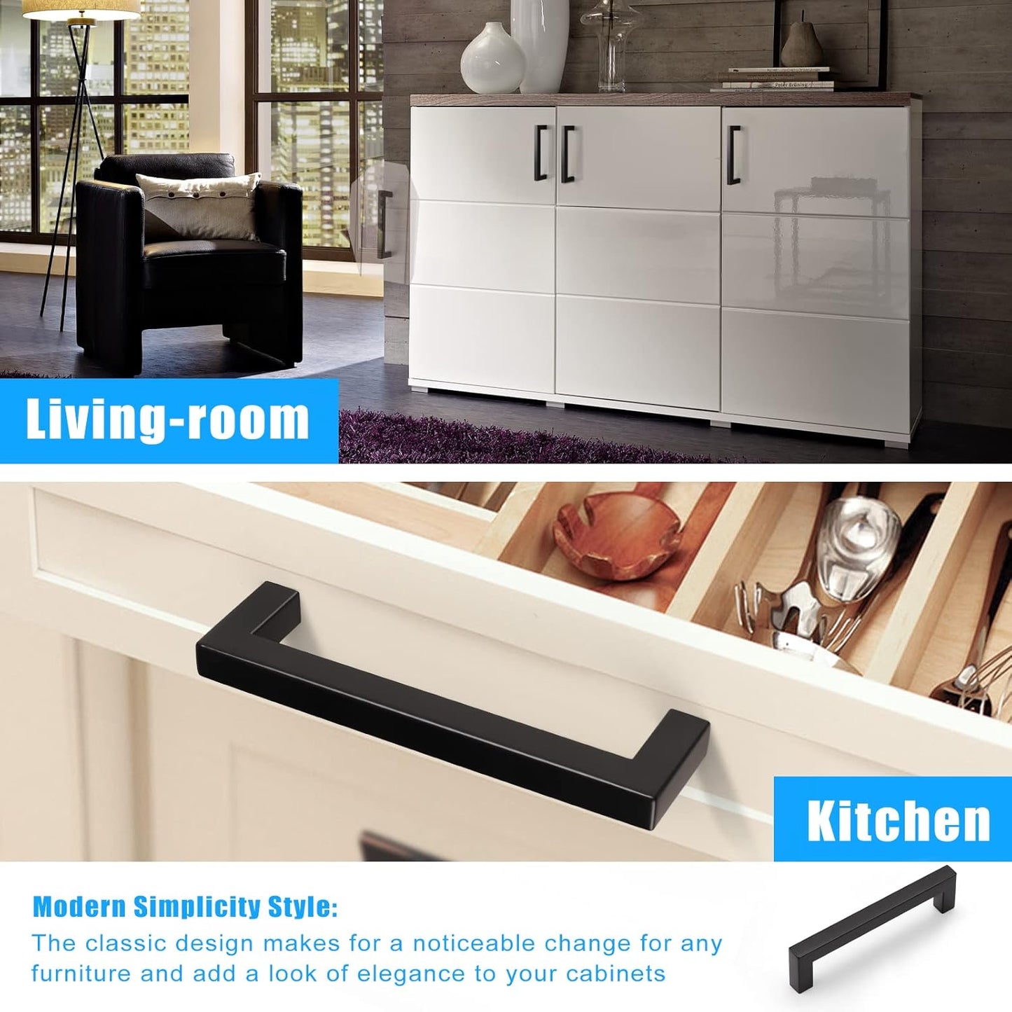 KNOBWELL Matte Black Square Cabinet Pulls Stainless Steel Modern Handles for Kitchen Cupboards/Drawers (2-1/2'' - 12-3/5'') - PDDJS12HBK