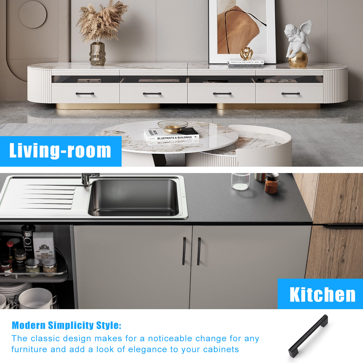 Matte Black Stainless Steel Pulls for Cabinets/Drawers (3-3/4'' - 12-3/5'') - PD214HBK