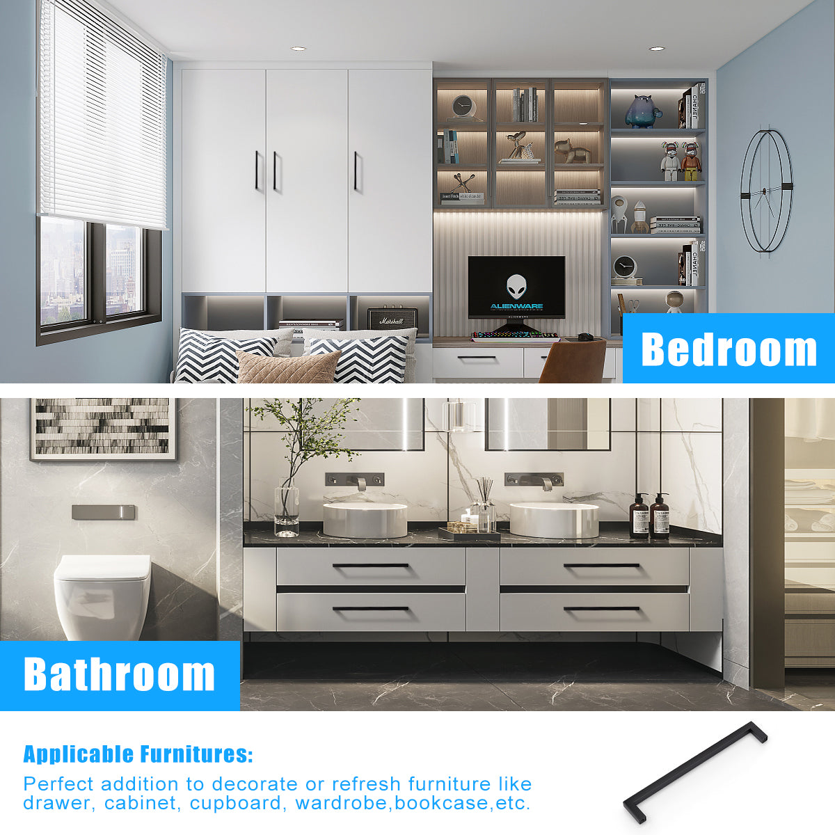 KNOBWELL Matte Black Stainless Steel Pulls for Cabinets/Drawers-PDDJS10HBK