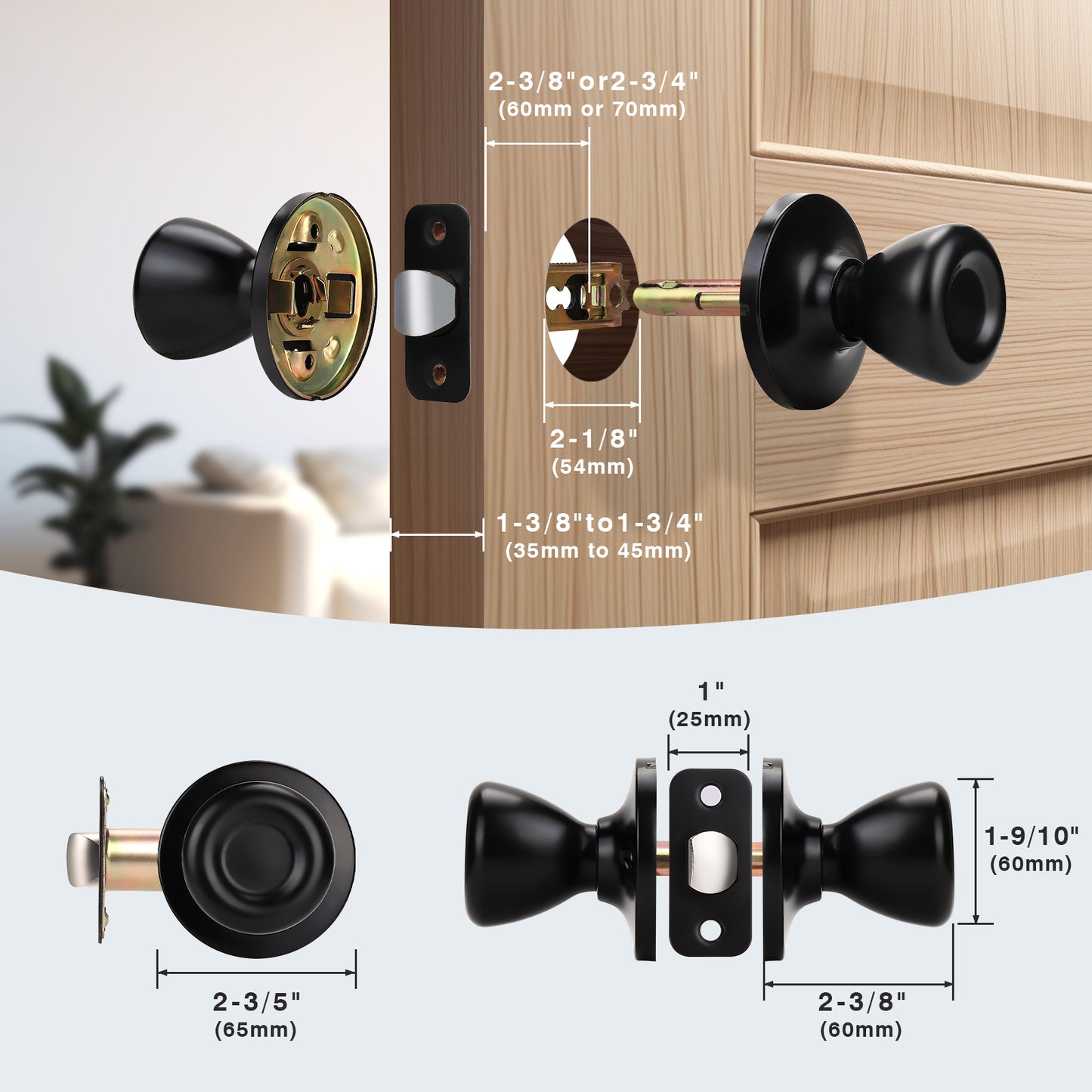KNOBWELL Matte Black Tulip Round Shape Indoor Door Knobs - DL576BK