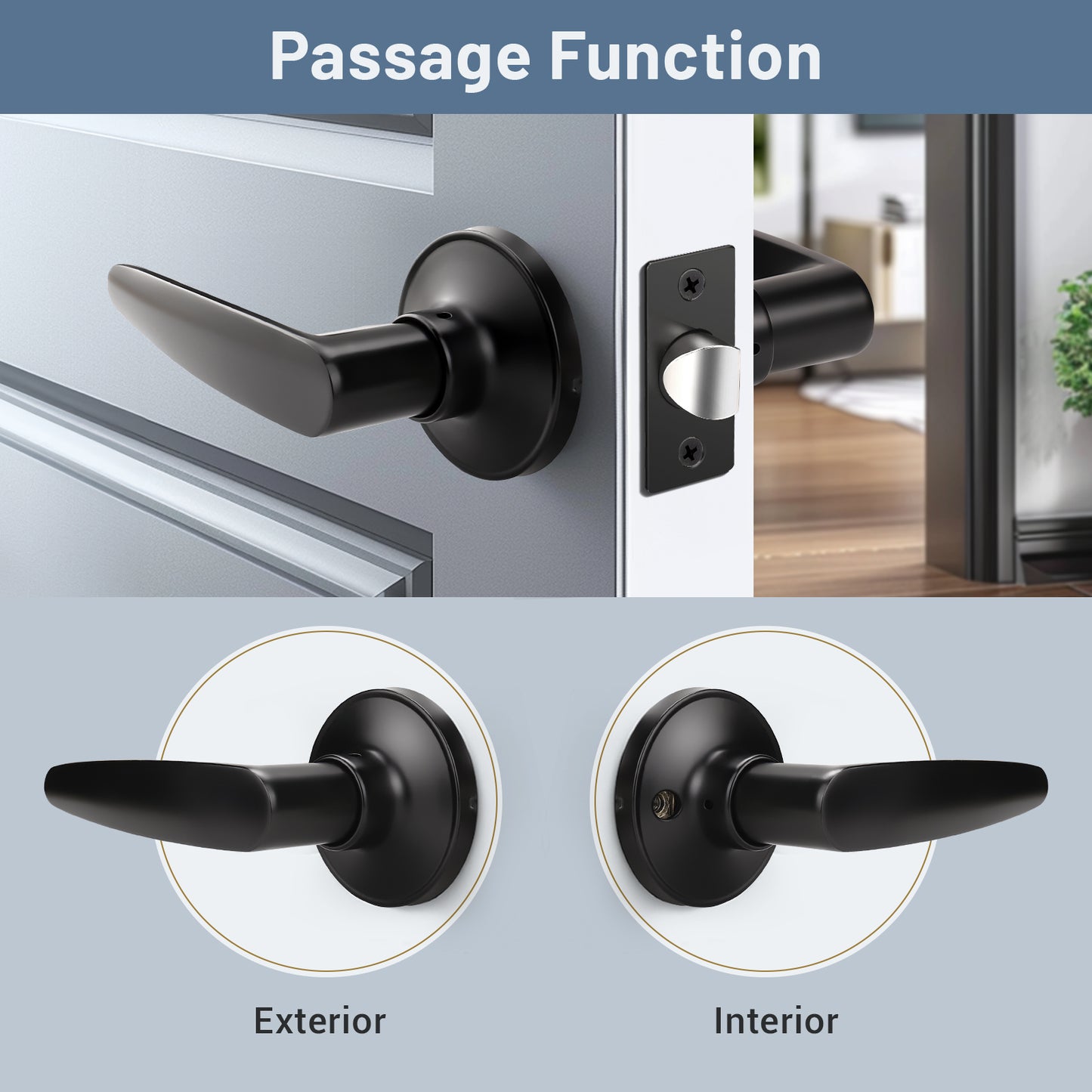 KNOBWELL Black Passage Interior Door Handle With Lock for House Design
