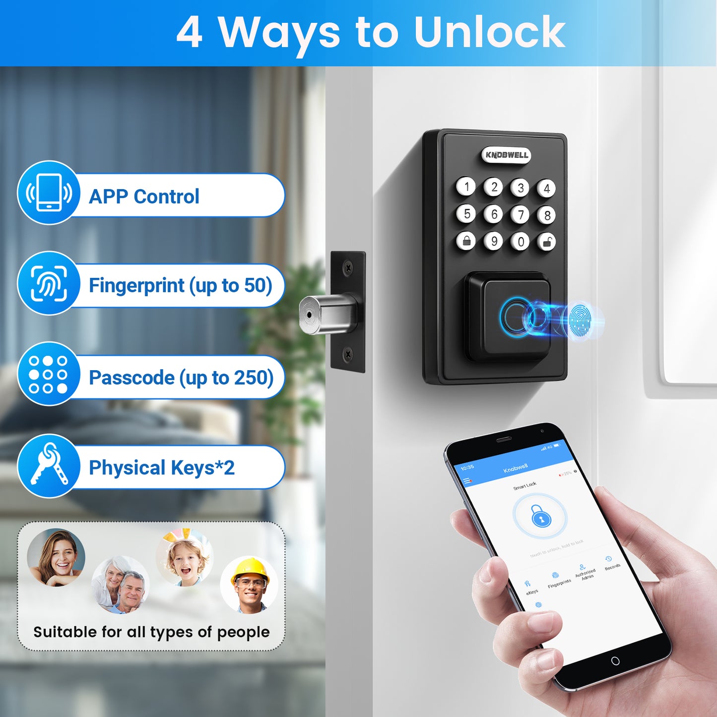 KNOBWELL Smart Lock Deadbolt for Front Door, Fingerprint Keyless Entry Door Lock