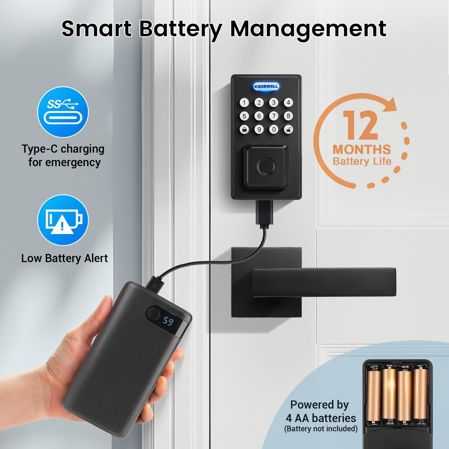 KNOBWELL Fingerprint Door Lock with Lever Handle, Keyless Entry Door Lock, Black Keypad Door Lock with Handle