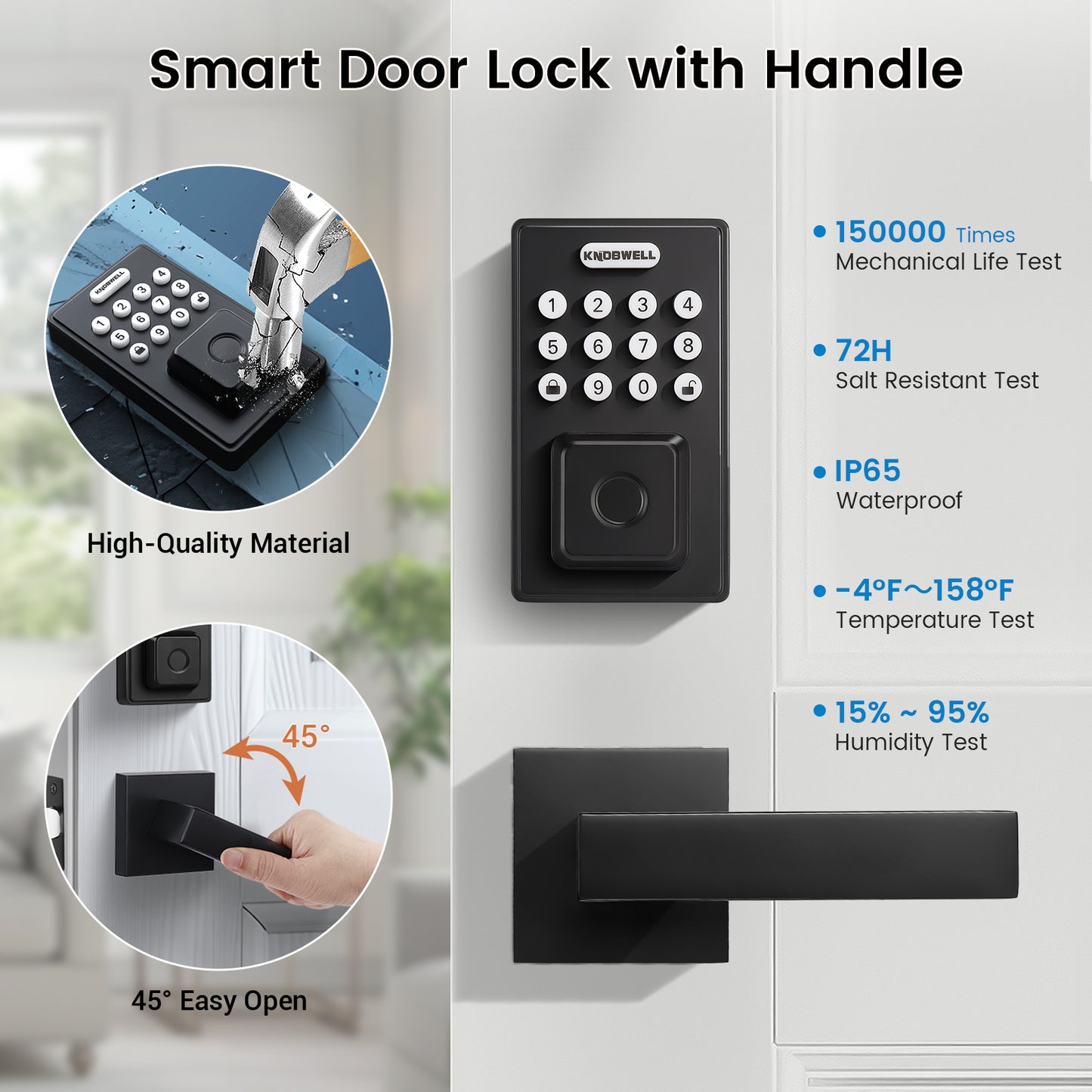 KNOBWELL Fingerprint Door Lock with Lever Handle, Keyless Entry Door Lock, Black Keypad Door Lock with Handle