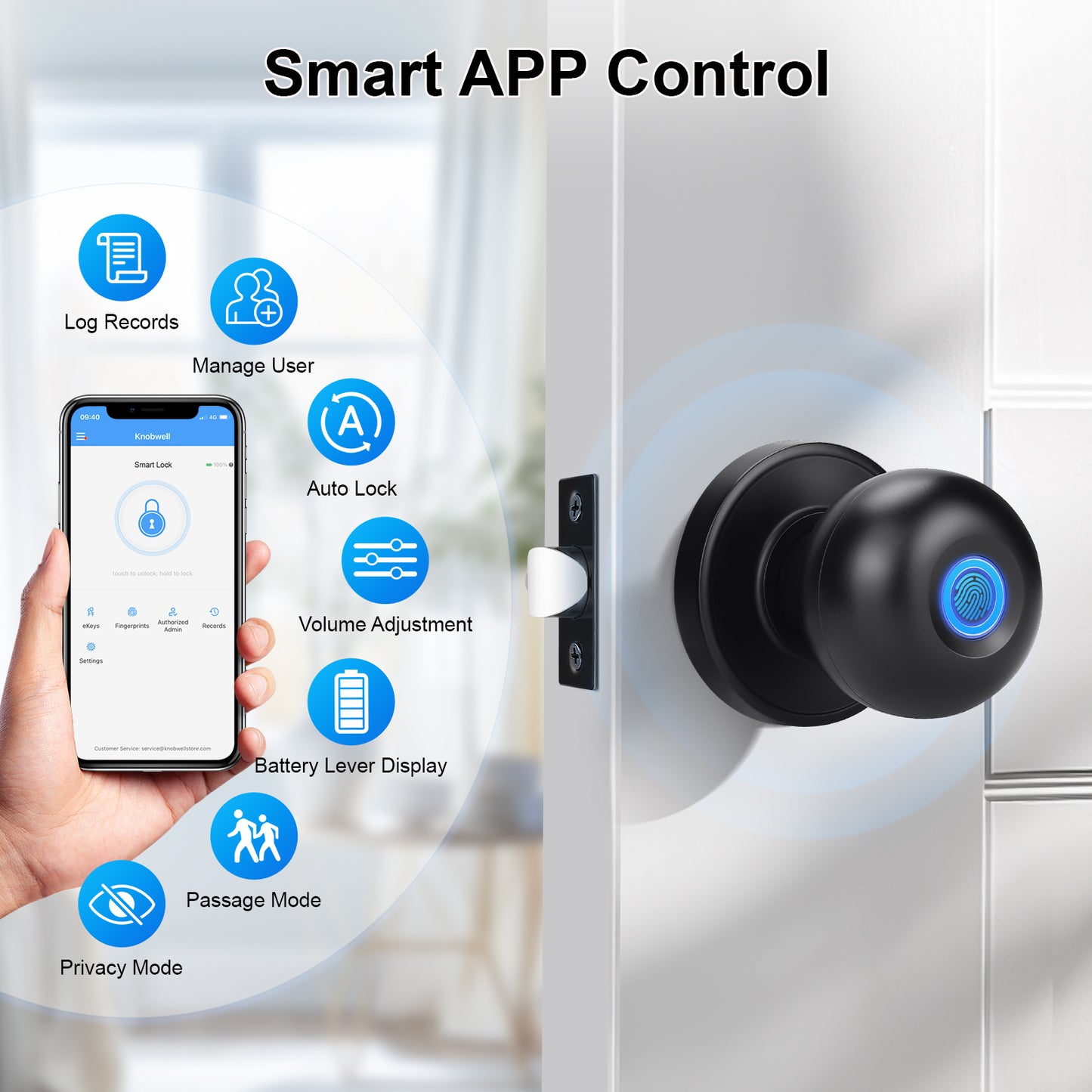 KNOBWELL Fingerprint Door Lock, Smart Door Knob, Keyless Entry Door Lock with APP Control
