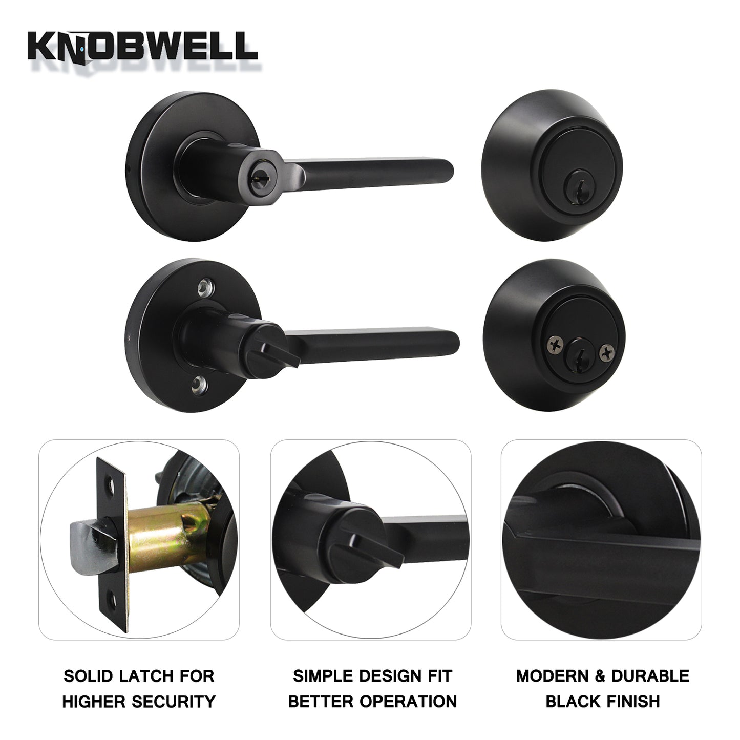 Classic Lockset Double Keyed Cylinder Deadbolt with Matching Round Plate Slim Entrance Door Lever - DL1637ET102BK