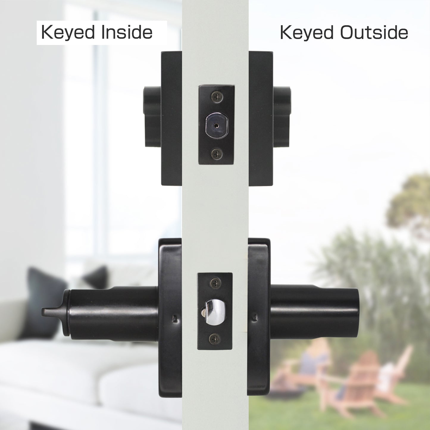 Double Keyed Lockset Mid Centuty Square Plate Slim Entrance Door Handle with Matching Square Deadbolts - DL1603ET104BK