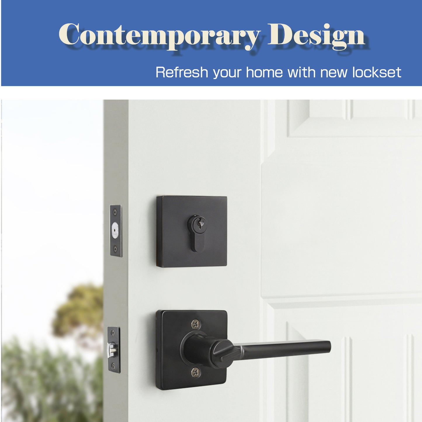 Double Keyed Lockset Mid Centuty Square Plate Slim Entrance Door Handle with Matching Square Deadbolts - DL1603ET104BK