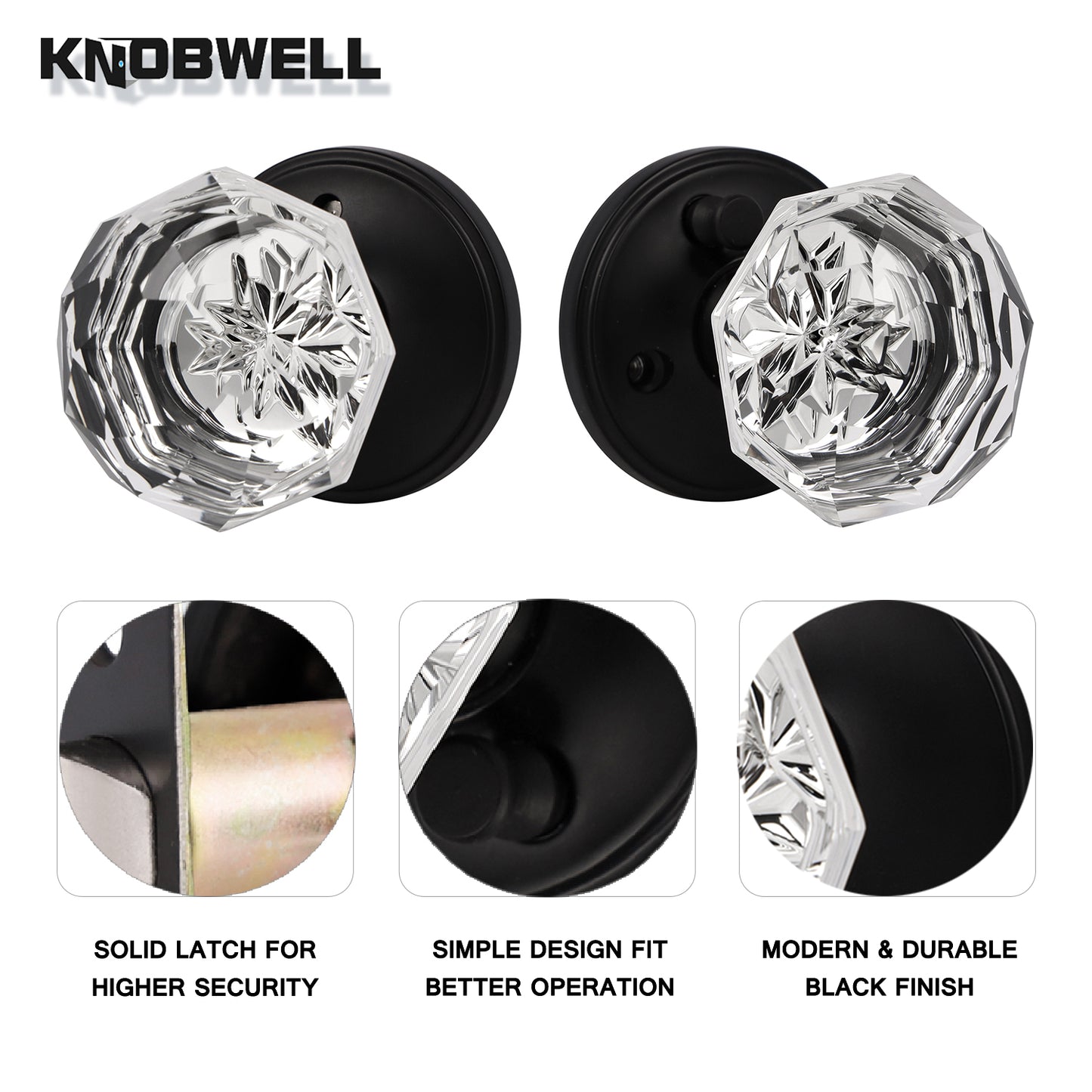 Modern Octagon Crystal Privacy Door Knobs, Frosted Glass Design - DLC3BK