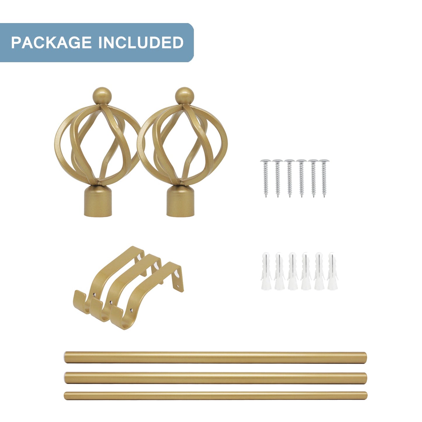 1 Inch Golden Curtain Rod Set Diameter with Twisted Cage Finials, 22-42 Inch