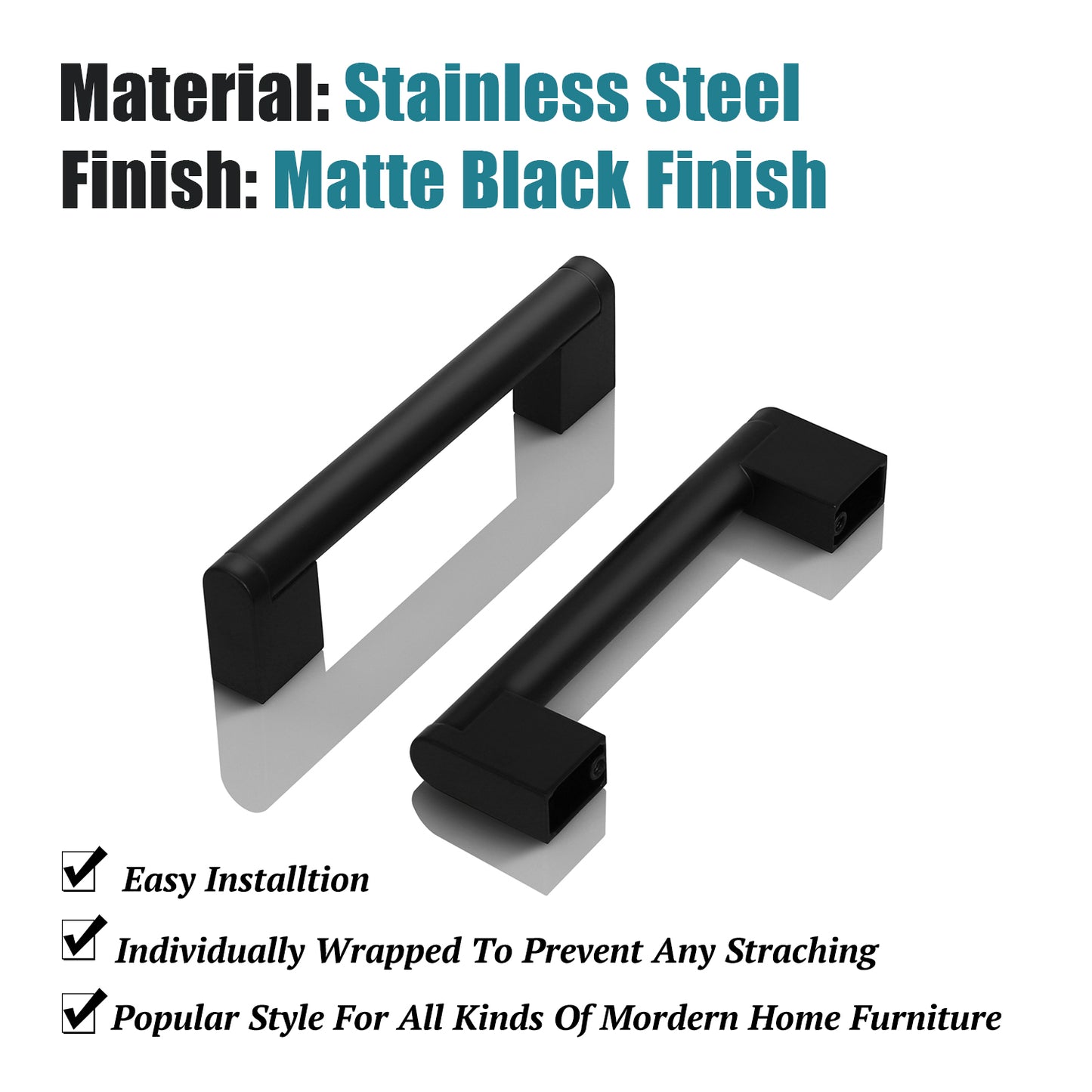 Matte Black Stainless Steel Pulls for Cabinets/Drawers (3-3/4'' - 12-3/5'') - PD214HBK
