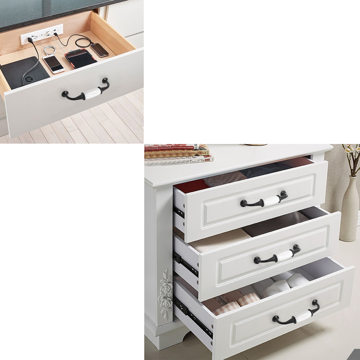 Black White Porcelain Dresser Drawer Pulls, Ceramic Zinc Alloy Kitchen Cabinet Handles - Hole Spacing for 3-3/4", 5'' - PD692BK
