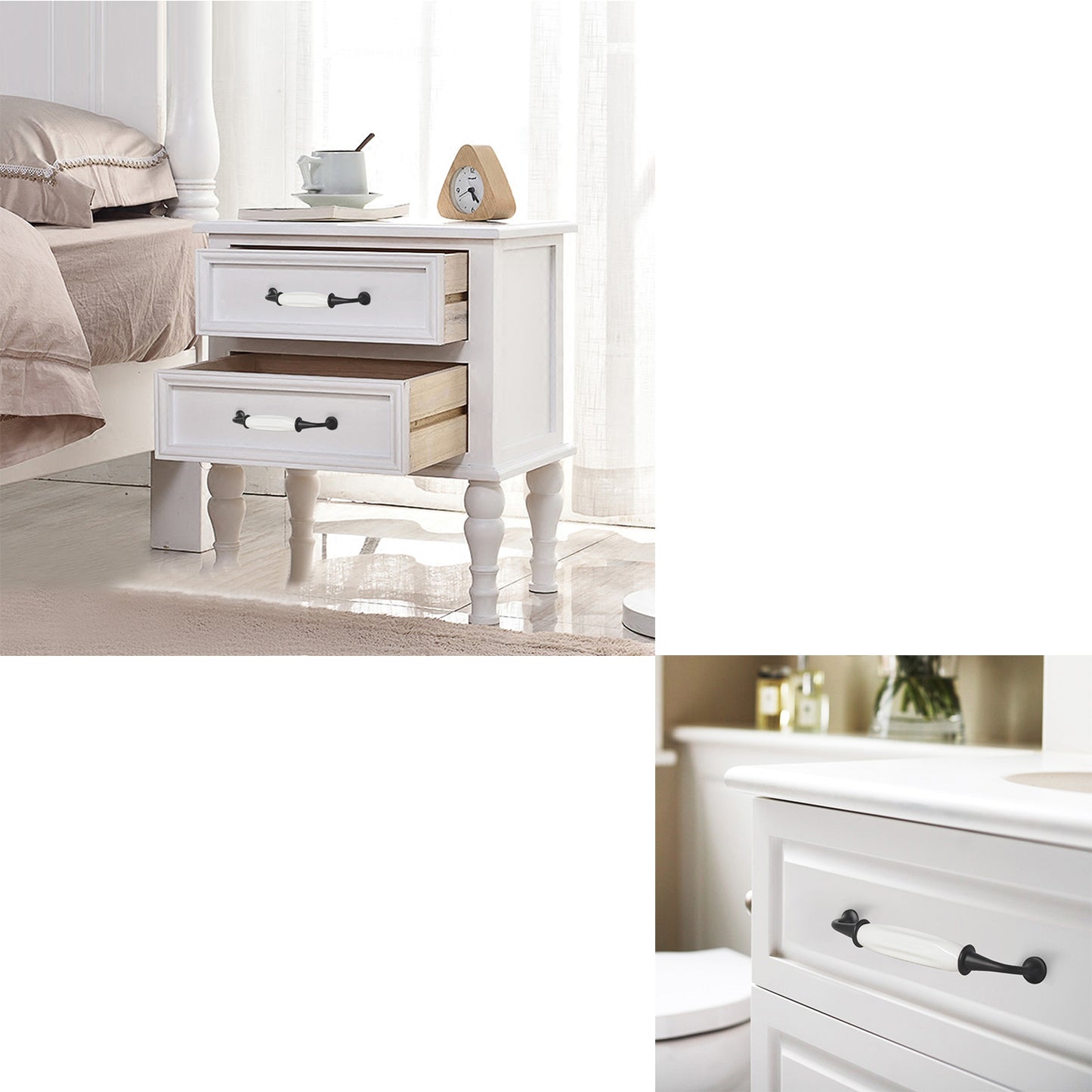 Black White Porcelain Dresser Drawer Pulls, Ceramic Zinc Alloy Kitchen Cabinet Handles - Hole Spacing for 3-3/4", 5'' - PD692BK