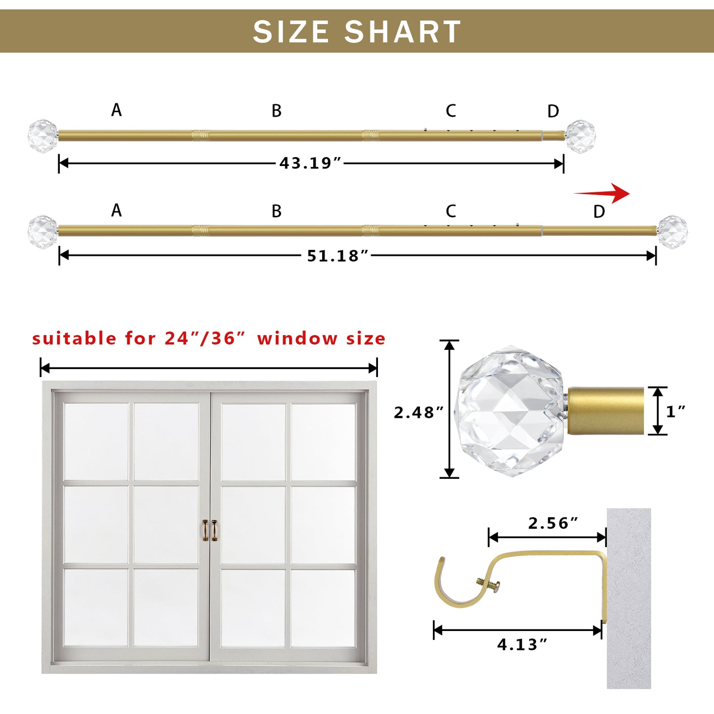 1 Inch Diameter Adjustable Window Curtain Rod Length from 43 to 51 Inch, with Acrylic Diamond Finials
