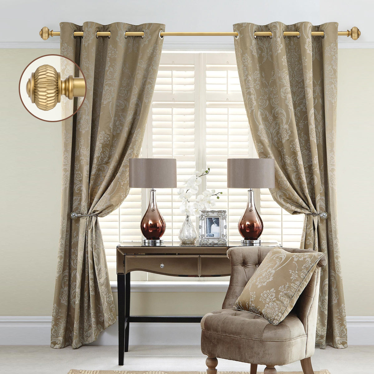 1" Empyrean Grace Golden Curtain Rod with Lantern Finials, 22-42 inches