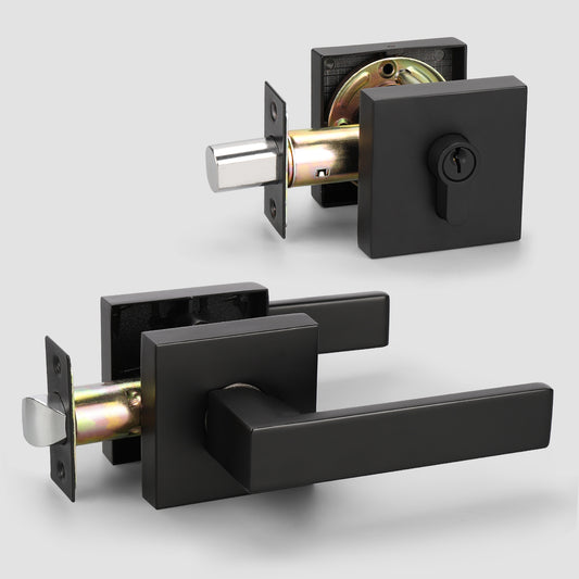 Double Keyed Matte Black Square Deadbolt Lock Set with Passage Heavy Duty Entrance Door Handle - DL01PS104BK
