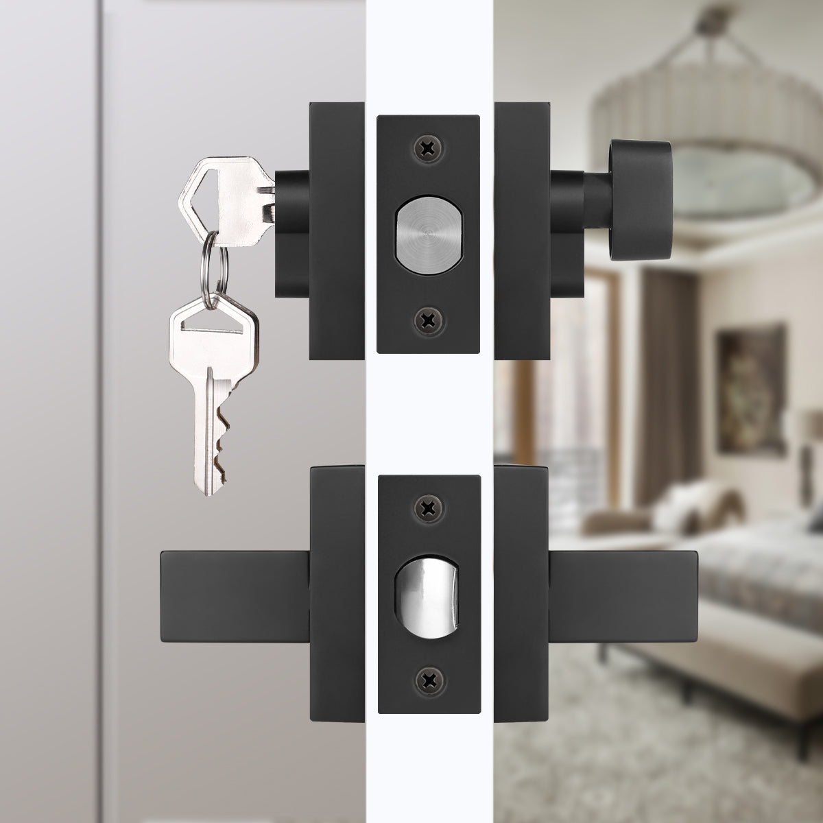 Single Keyed Matte Black Square Deadbolt Lock Set with Passage Heavy Duty Entrance Door Lever - DL01PS105BK