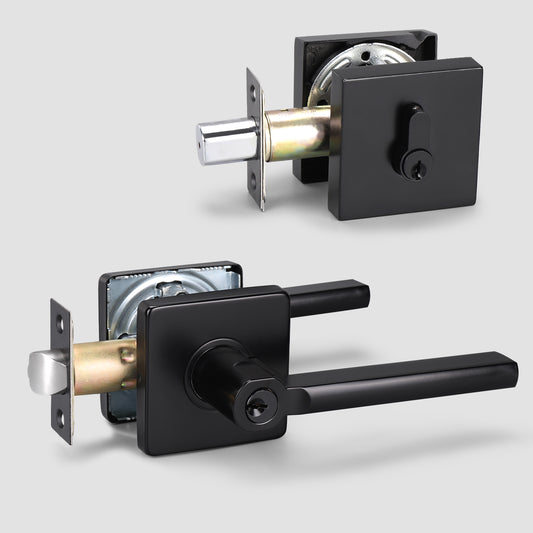 Single Keyed Lockset Mid Centuty Square Plate Slim Entrance Door Handle with Matching Square Deadbolts - DL1603ET105BK