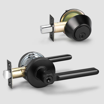 Classic Lockset Single Keyed Cylinder Deadbolt with Matching Round Plate Slim Entrance Door Lever - DL1637ET101BK