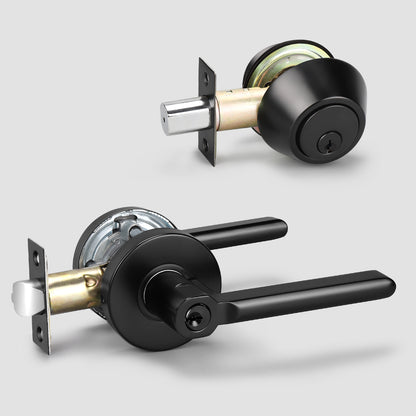 Classic Lockset Double Keyed Cylinder Deadbolt with Matching Round Plate Slim Entrance Door Lever - DL1637ET102BK
