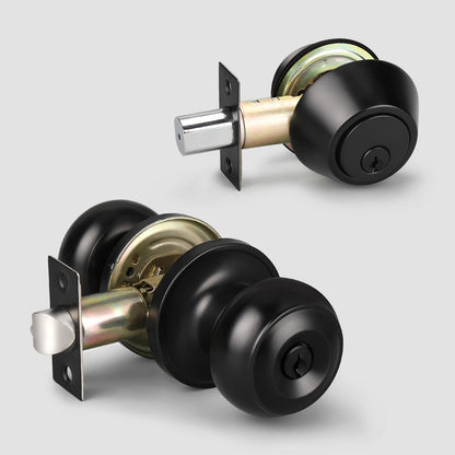 Double Keyed Black/Bronze Deadbolt Lock Set with Matching Flat Round Door Knob - DL609ET102