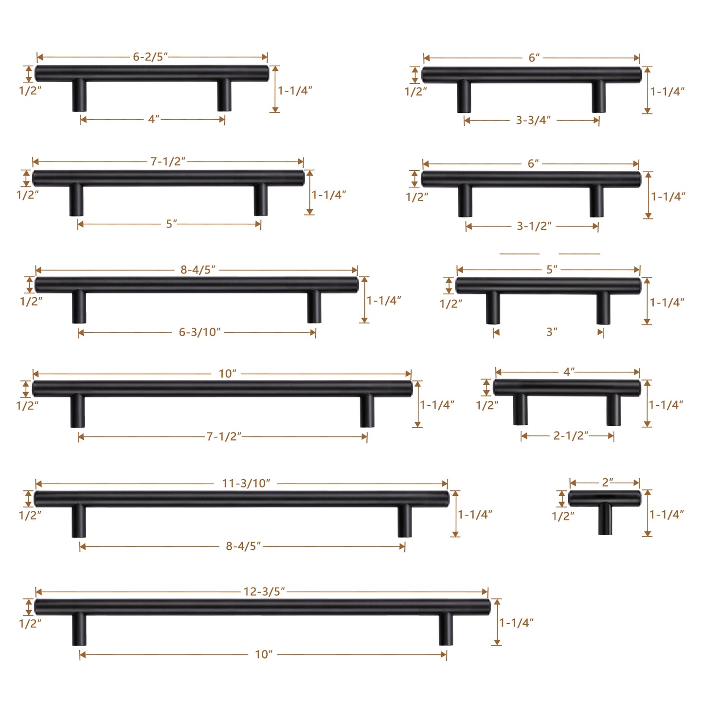 Modern Black Stainless Steel Pulls for Cabinets/Drawers (2-1/2'' - 8-4/5'') Solid Cabinet Handle Pulls- PD201SBK
