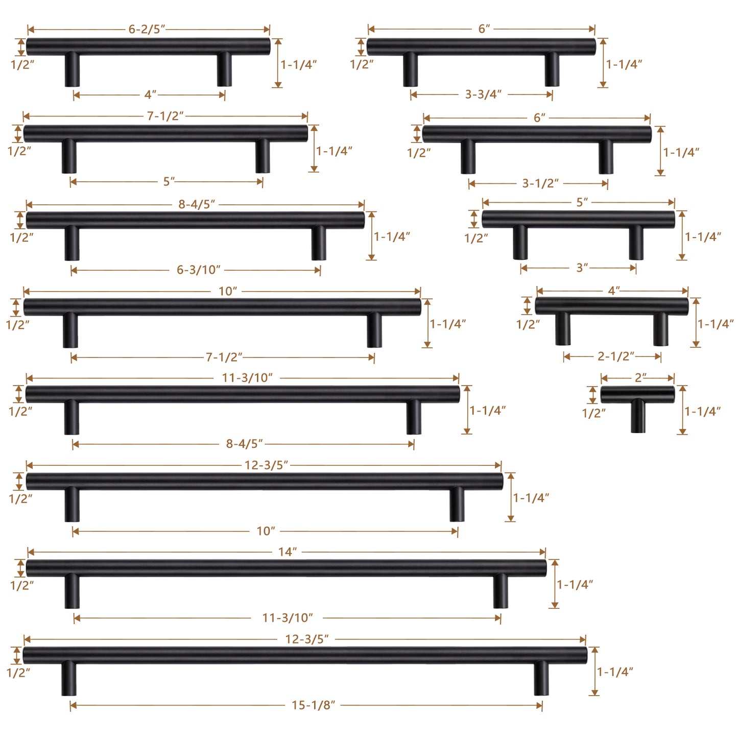 Matte Black Stainless Steel Pulls for Cabinets/Drawers/Cupboards (2-1/2'' - 10'') - PD3383HBK