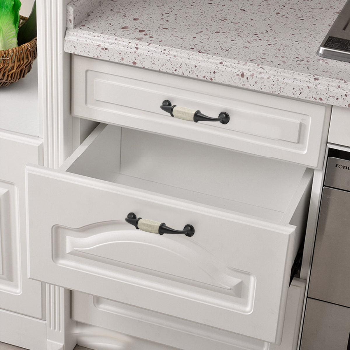 Black White Ceramic Zinc Alloy Kitchen Cabinet Handles, Porcelain Dresser Drawer Pulls with Marble Pattern - Hole Spacing for 3-3/4", 5'' - PD6289BK