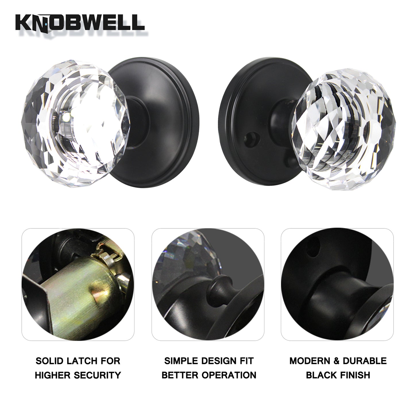 Modern Globe Faceted Crystal Privacy Door Knobs with Round Plate - DLC10BK